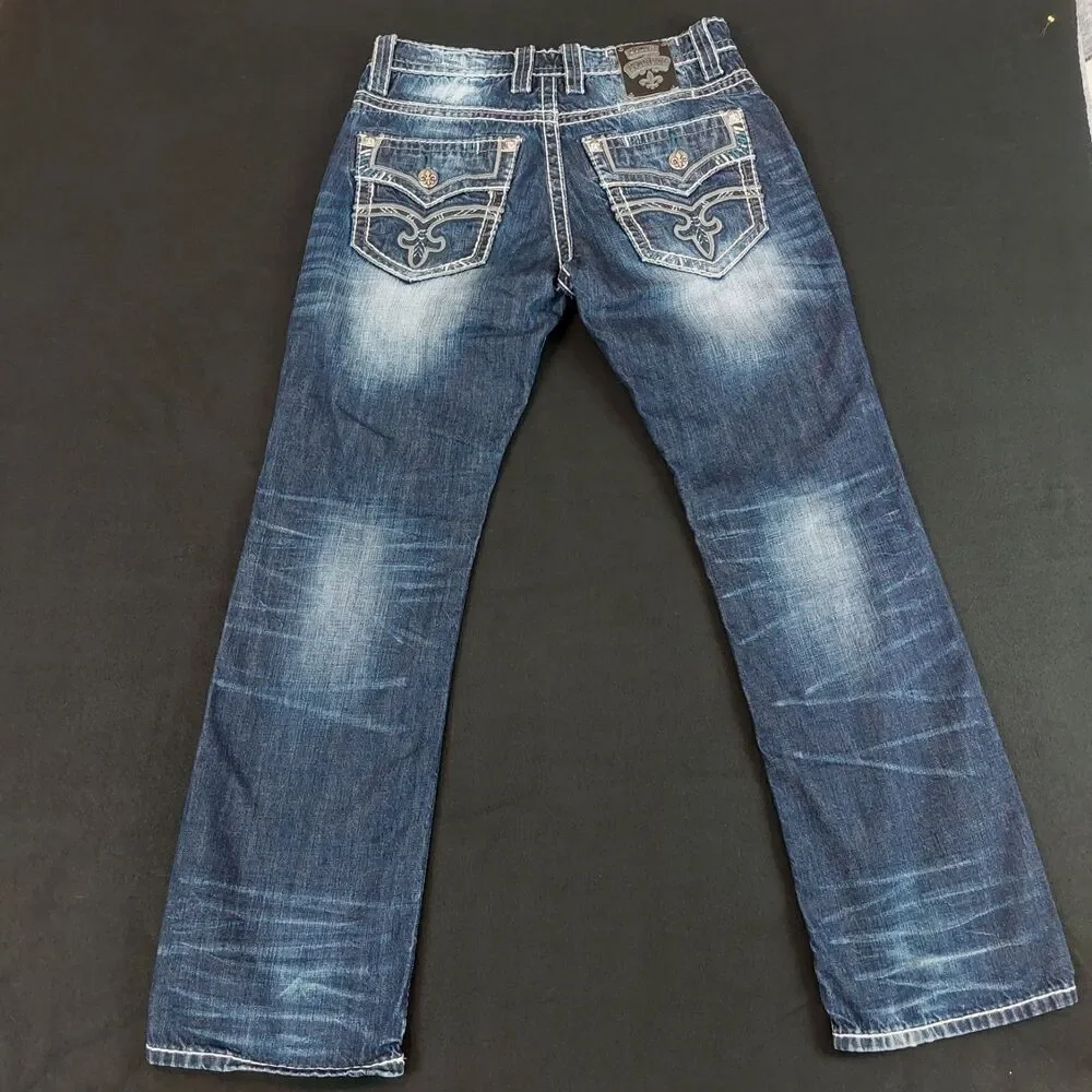 Rock Revival Dennis Relaxed Straight Jeans Men's 31x30 (Fit 33x32) Whiskered